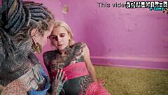 petite goth lesbians tease shaved pussies with strapon dildo licking and fingering