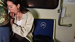 brunette sucks huge cock publicly then train car fuck