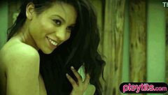 petite ebony milf strips nude for outdoor shower tease