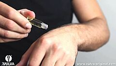 sniffing her wet panty aroma from juicy aroused pussy close up