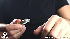 sniffing her wet panty aroma from juicy aroused pussy close up