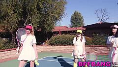 brunette babes swallow jizz pov after licking cocks in hardcore foursome