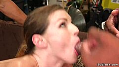 Bound brunette slave gapes for brutal gangbang facial cumshots