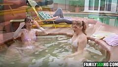 Pervy man deflowers virgin girl alongside her busty friend in threesome