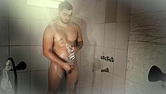 Whoa, watch this muscular stud's 18cm monster cock helicopter spin in soapy shower masturbation with sensual pelvis thrusts!