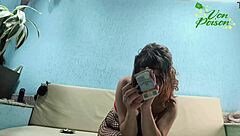 Brazilian redhead flashes feet smokes fingers hairy pussy