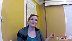 redhead carolyn fingers shaved pussy then gags on throbbing cock