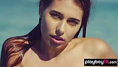Shy Brunette Teen Katrine Pirs Strips Bikini Outdoor Pussy Tits.
