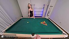 Busty blonde shemale bareback pounds pool table hard