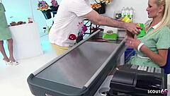 two blonde saleswomen with bouncing boobs seduce customers for mmff foursome