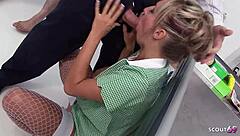 two blonde saleswomen with bouncing boobs seduce customers for mmff foursome