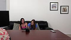 suggestive redhead babes' tight holes pounded in casting threesome