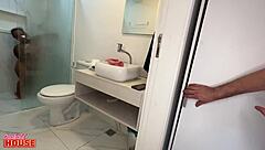 Brazilian Midget Hottie's Bath Threesome with Two Huge Cocks