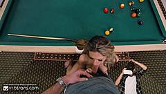 Busty blonde shemale bareback pounds pool table hard