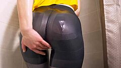 voyeur milf teases wet pantyhose pussy in shower