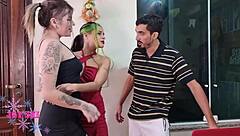 two cute 18+ teens slurp repairman's huge cock together