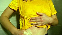 voyeur milf teases wet pantyhose pussy in shower