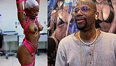 tight bald ebony baddie assfucked in bondage, jiggly cheeks drooling armpits