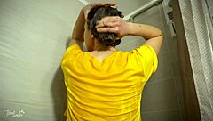 voyeur milf teases wet pantyhose pussy in shower