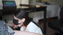 Office Asian slut in black stockings bent over desk for doggy mirror fuck