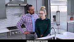 Skinny blonde teen Lily Larimar fucks jealous big dick guy on kitchen counter with Johnny Castle