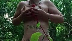 french maid slave chained bent over for public dildo humiliation