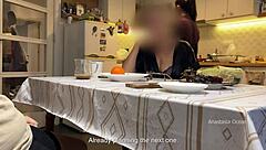 husband jerks under table flashing kitchen milf