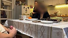 husband jerks under table flashing kitchen milf