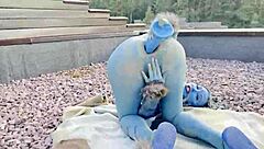 avatar monika fox rams huge dildo in prolapsed ass and pussy, squirts wildly outdoors