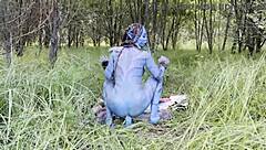 avatar monika fox rams huge dildo in prolapsed ass and pussy, squirts wildly outdoors