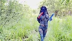 avatar monika fox rams huge dildo in prolapsed ass and pussy, squirts wildly outdoors