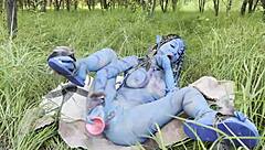 avatar monika fox rams huge dildo in prolapsed ass and pussy, squirts wildly outdoors