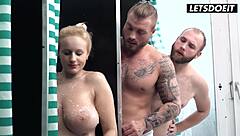 busty babe fucked by friends in shower hostel