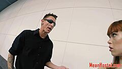 Bound redhead teen gags on cock during rough group domination