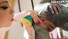 Goth Tattooed Lesbians Stretch Pussies With Huge Anal Dildos