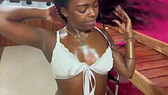 Pau fingers and fucks skinny Brazilian black babe's tight ass outdoors