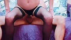 Wife Rides Cowgirl Deep in Stockings On Knees