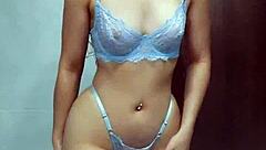 brunette teases in blue lingerie with booty claps