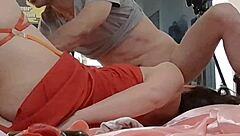 french amateur in red satin dress heels deepthroats ass to mouth