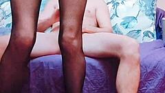 Wife Rides Cowgirl Deep in Stockings On Knees