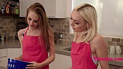 Naughty Kitchen Threesome: Brunette Rides Double Monster Cocks Cowgirl