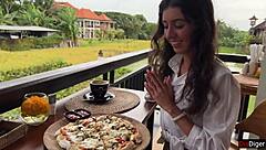 Cumwalk girl swallows load then eats pizza with facial in cafe