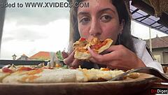 Cumwalk girl swallows load then eats pizza with facial in cafe