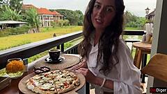 Cumwalk girl swallows load then eats pizza with facial in cafe