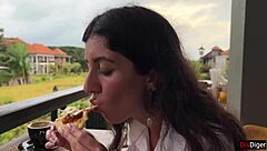 Cumwalk girl swallows load then eats pizza with facial in cafe
