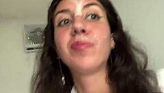 Cumwalk girl swallows load then eats pizza with facial in cafe