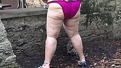 mature fat bbw squirts and pisses close-up outdoors publicly