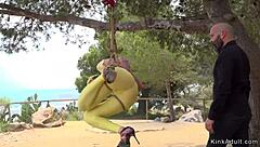 Hottie Bound in Yellow Tights Outdoor BDSM Domination Public Flashing