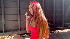 seductive italian milf smokes cigarette outdoors teasing