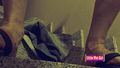 desperate stair piss soaks shorts and panties!